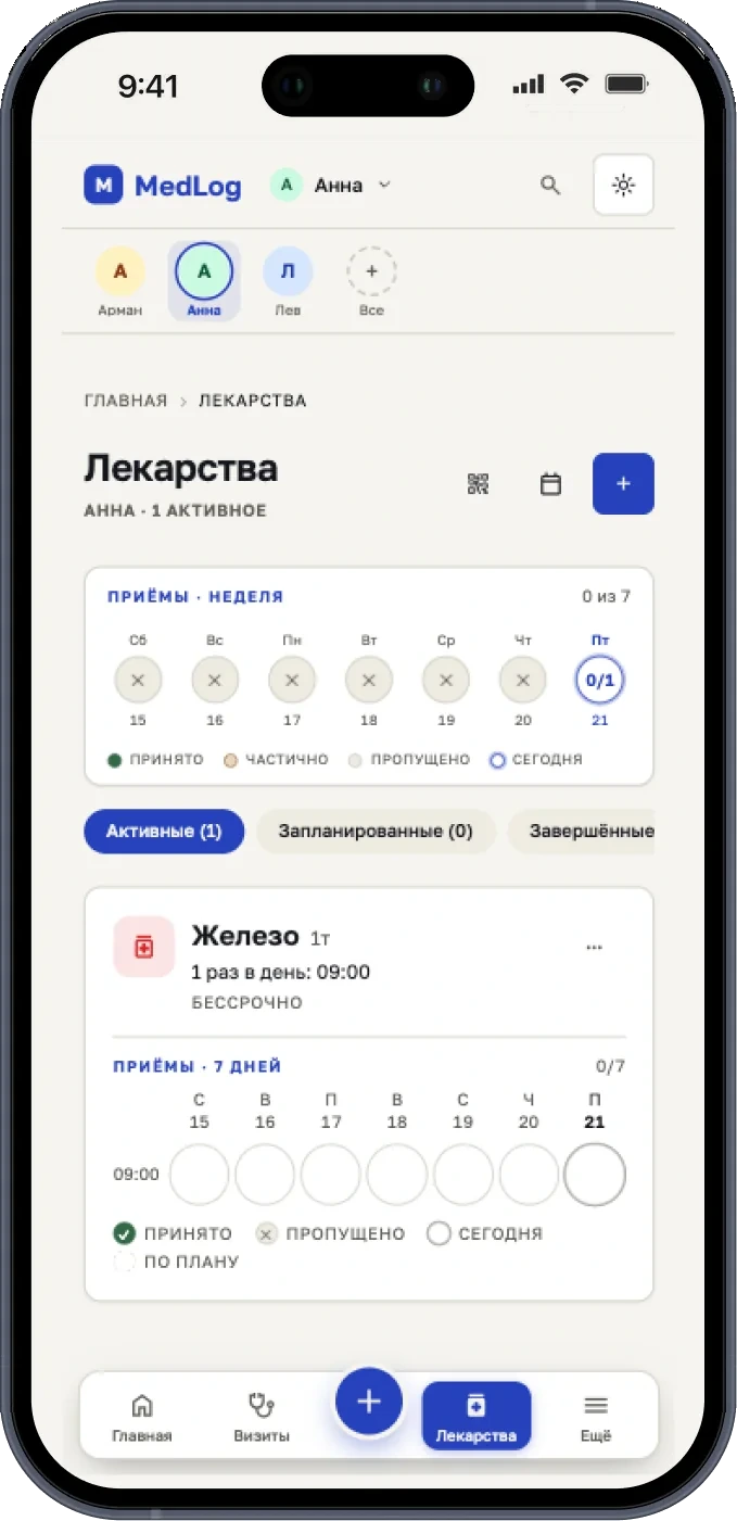 Экран лекарств: препараты и напоминания о приёме