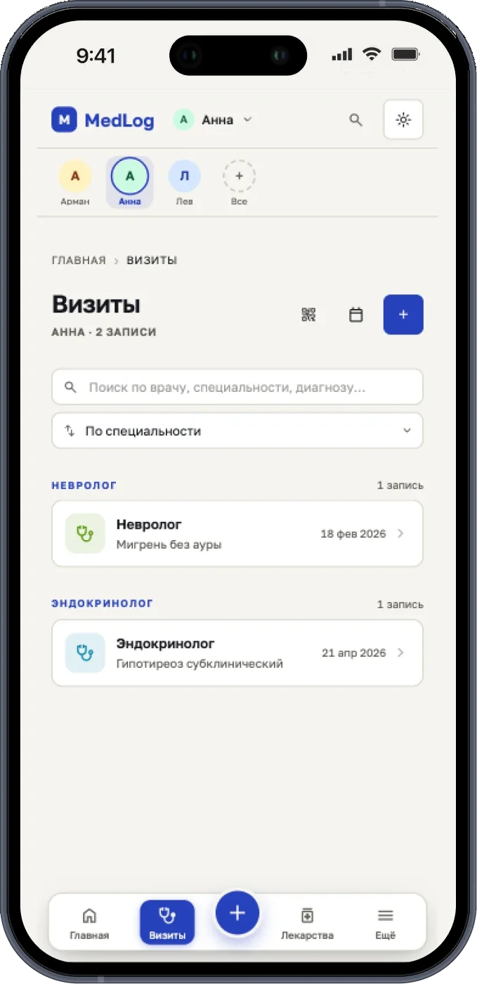 Экран визитов: приёмы, диагнозы и документы