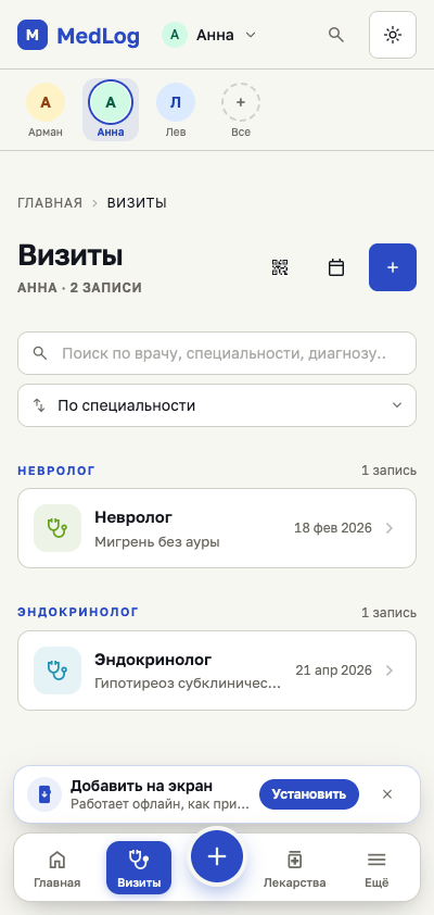 Визиты: поиск по врачу, специальности, диагнозу