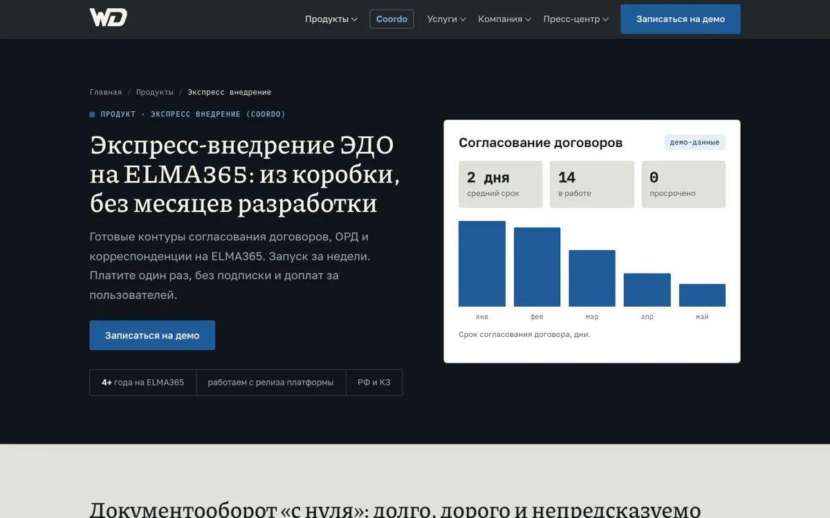 Страница продукта Coordo: сериф в заголовке и дашборд с пометкой демо-данные